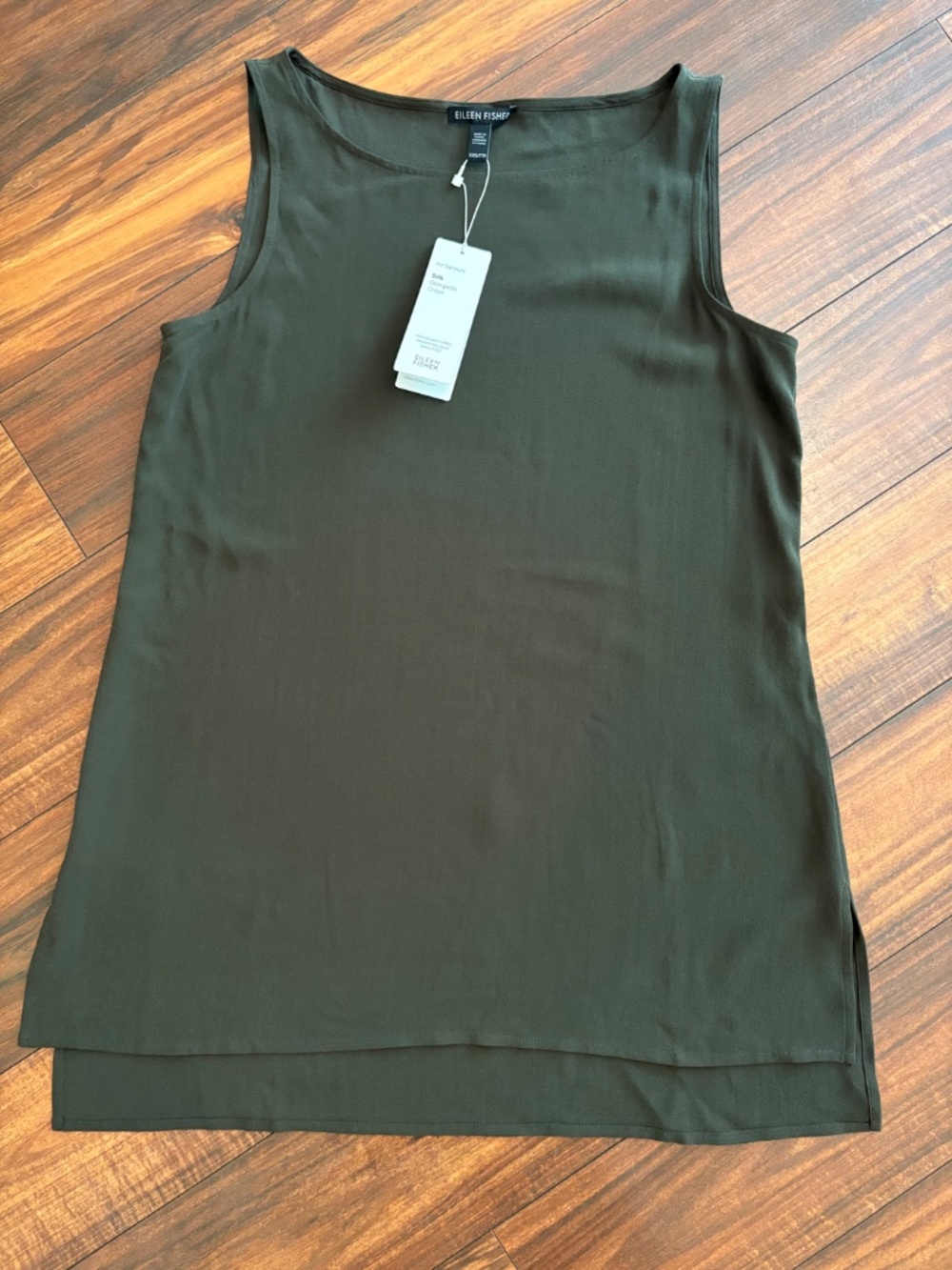 Eileen Fisher Silk Georgette Crepe Bateau Neck Long Shell Woodland Green XXS - Picture 7 of 9